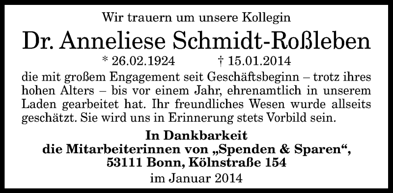 Traueranzeige für Anneliese Schmidt-Roßleben vom 25.01.2014 aus General-Anzeiger Bonn