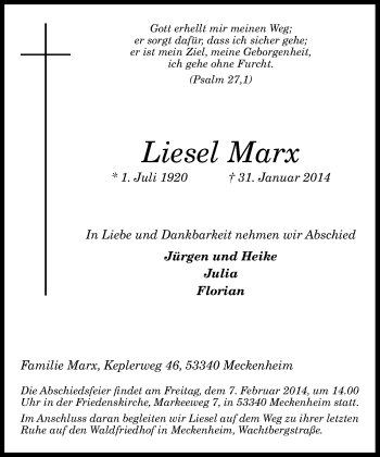 Anzeige von Liesel Marx von General-Anzeiger Bonn