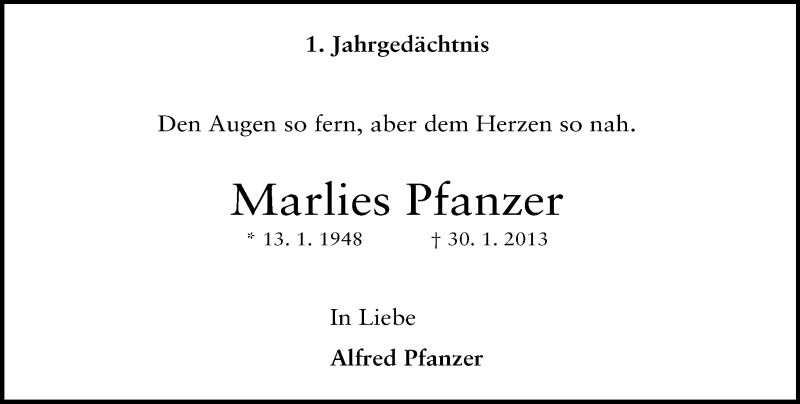  Traueranzeige für Marlies Pfanzer vom 08.02.2014 aus General-Anzeiger Bonn