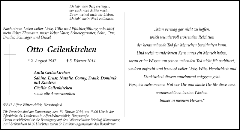  Traueranzeige für Otto Geilenkirchen vom 10.02.2014 aus General-Anzeiger Bonn
