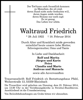 Anzeige von Waltraud Friedrich von General-Anzeiger Bonn