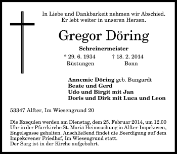 Anzeige von Gregor Döring von General-Anzeiger Bonn