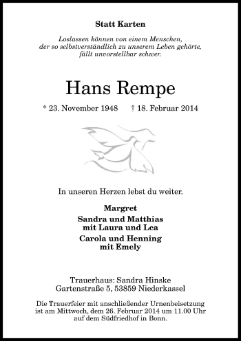 Anzeige von Hans Rempe von General-Anzeiger Bonn
