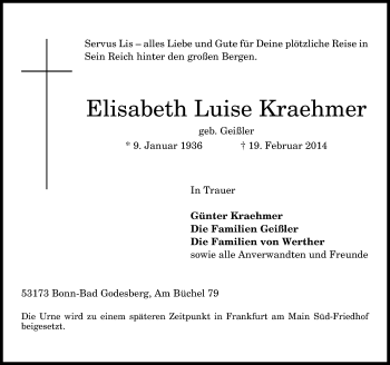 Anzeige von Elisabeth Luise Kraehmer von General-Anzeiger Bonn