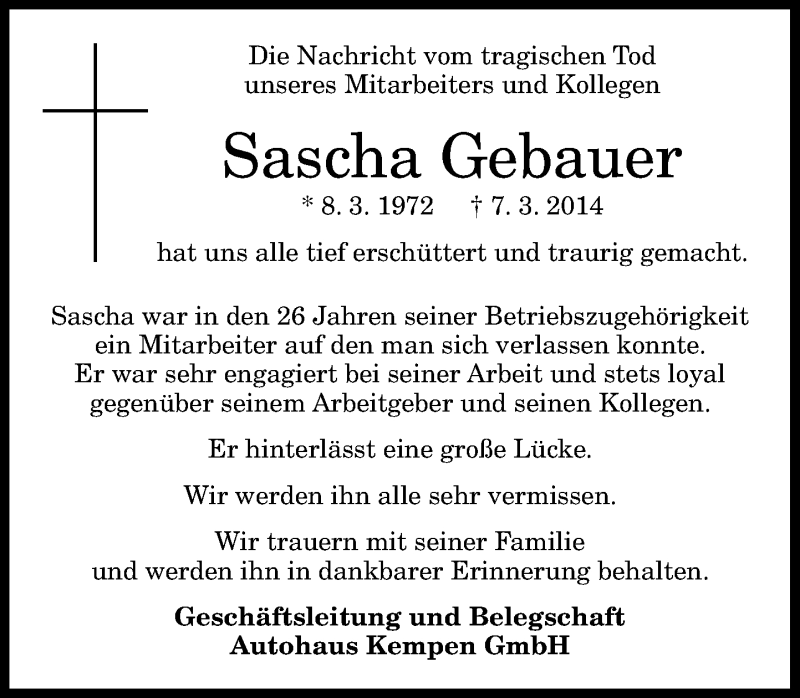  Traueranzeige für Sascha Gebauer vom 15.03.2014 aus General-Anzeiger Bonn