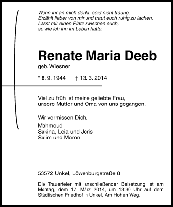Anzeige von Renate Maria Deeb von General-Anzeiger Bonn