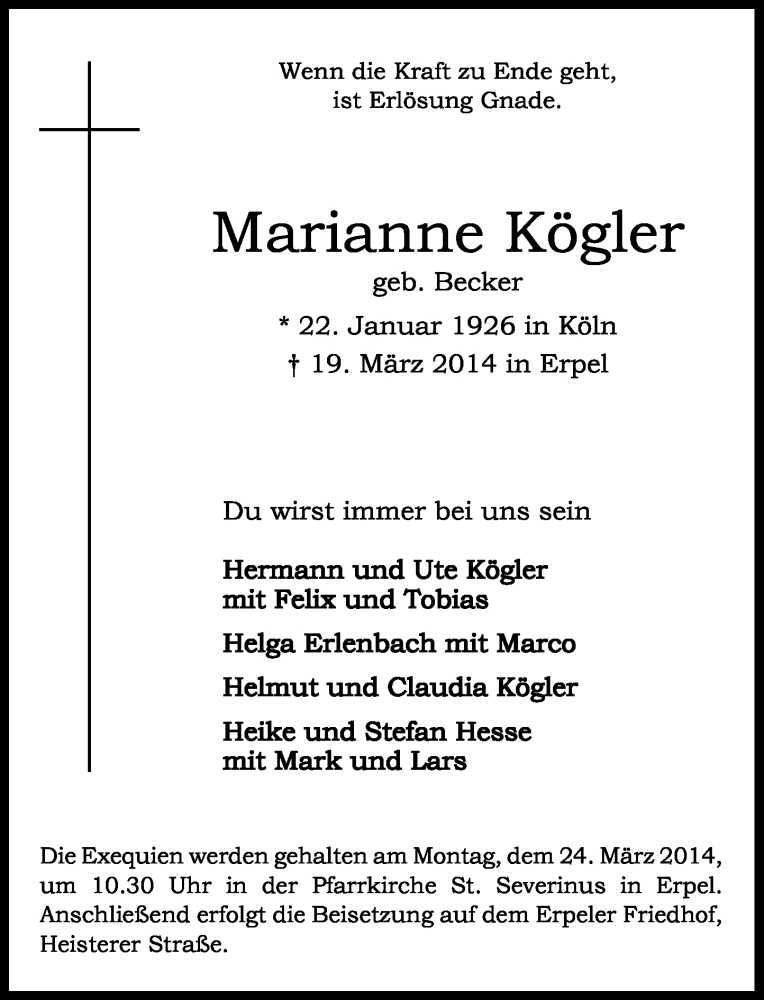  Traueranzeige für Marianne Kögler vom 22.03.2014 aus General-Anzeiger Bonn