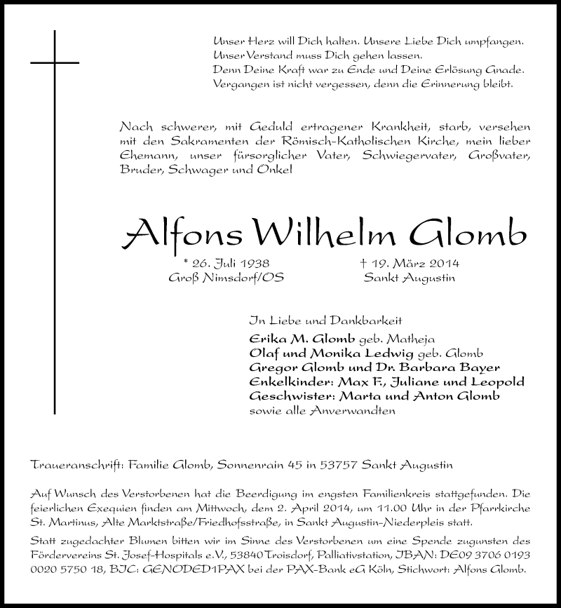  Traueranzeige für Alfons Wilhelm Glomb vom 29.03.2014 aus General-Anzeiger Bonn