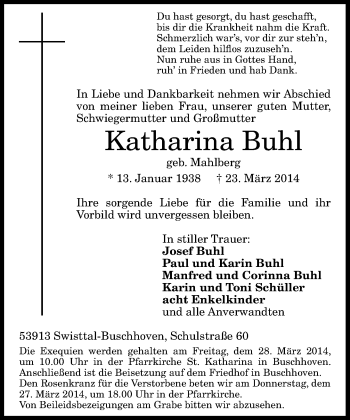 Anzeige von Katharina Buhl von General-Anzeiger Bonn