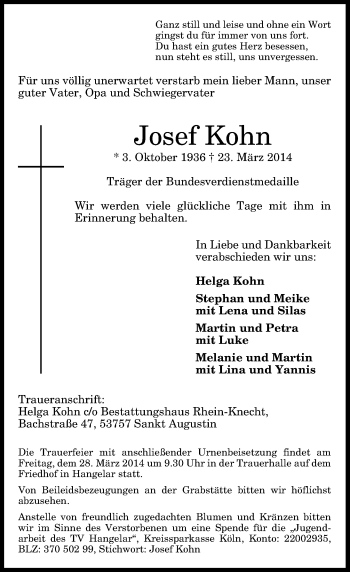 Anzeige von Josef Kohn von General-Anzeiger Bonn