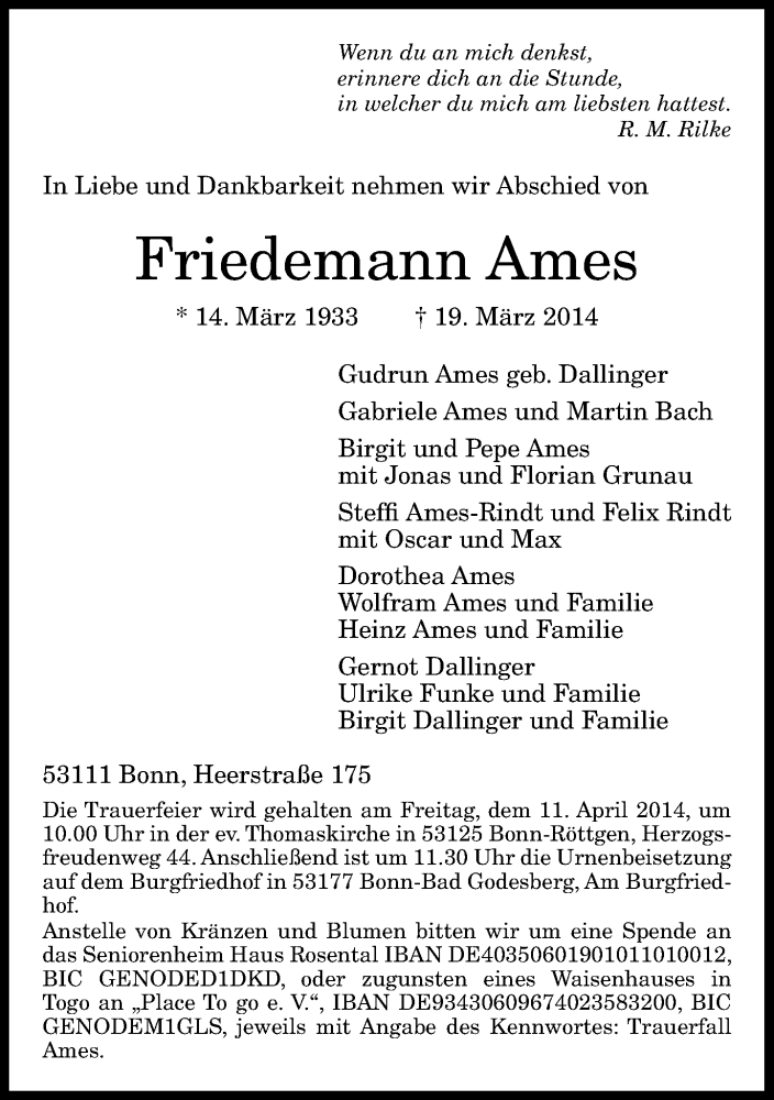  Traueranzeige für Friedmann Ames vom 29.03.2014 aus General-Anzeiger Bonn