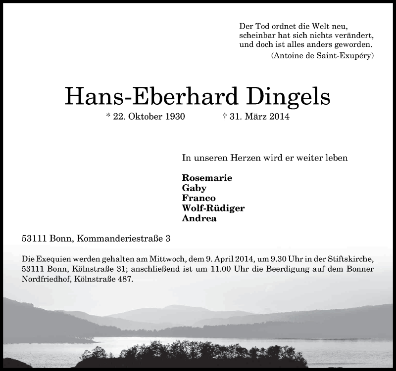  Traueranzeige für Hans-Eberhard Dingels vom 05.04.2014 aus General-Anzeiger Bonn