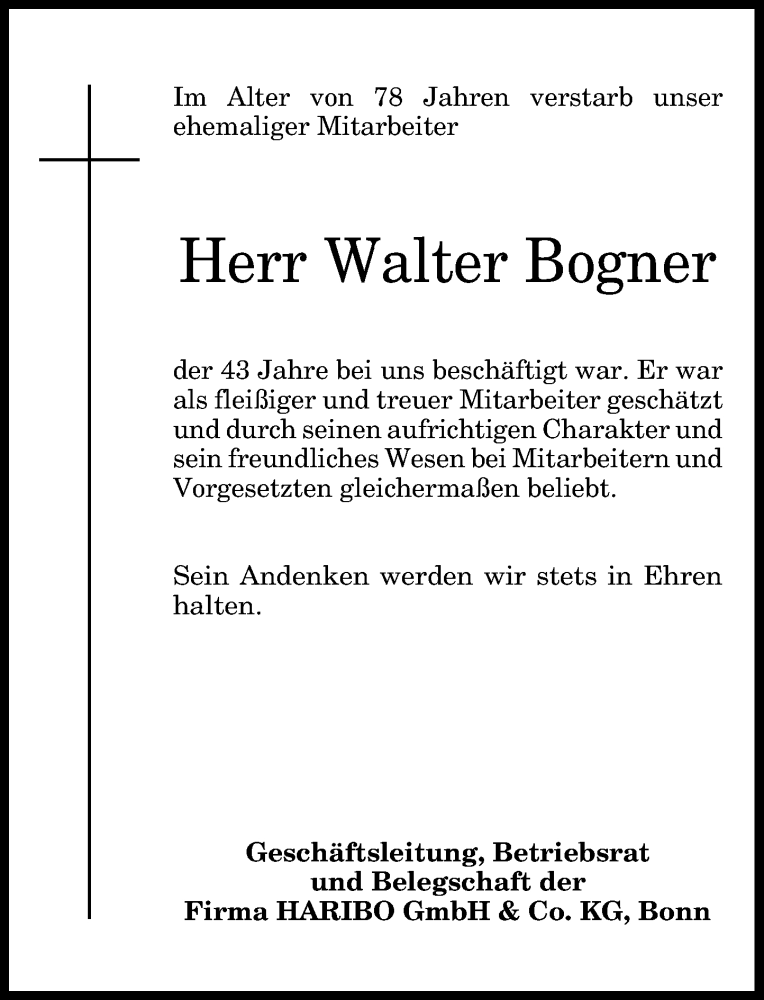  Traueranzeige für Walter Bogner vom 09.04.2014 aus General-Anzeiger Bonn