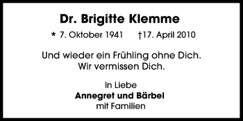 Anzeige von Brigitte Klemme von General-Anzeiger Bonn