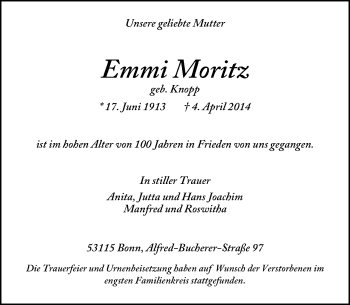 Anzeige von Emmi Moritz von General-Anzeiger Bonn