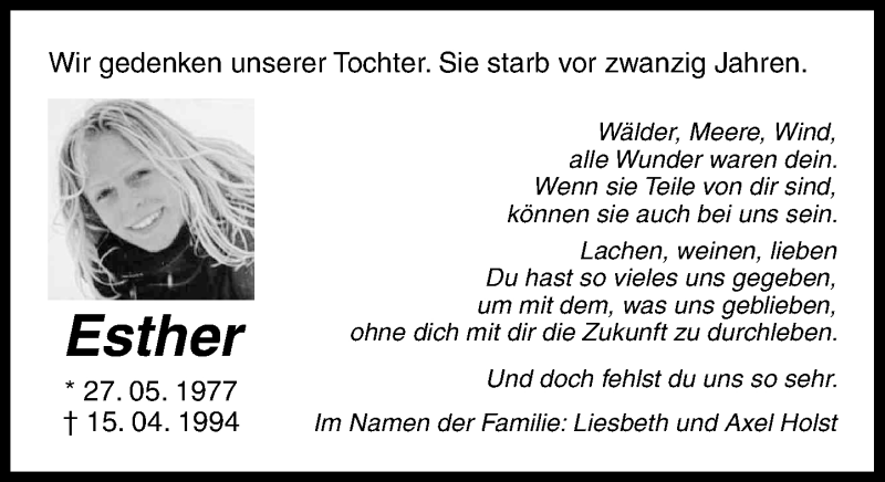  Traueranzeige für Esther Holst vom 15.04.2014 aus General-Anzeiger Bonn