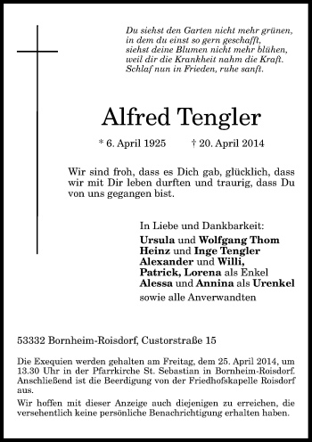 Anzeige von Alfred Tengler von General-Anzeiger Bonn