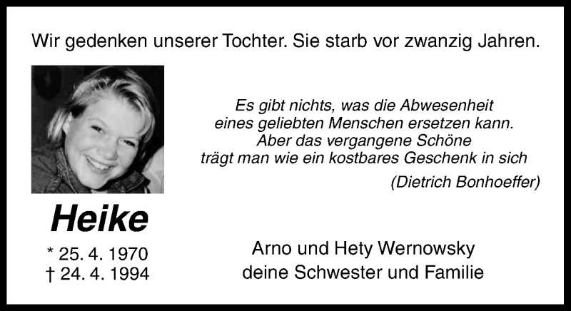  Traueranzeige für Heike Wernowsky vom 24.04.2014 aus General-Anzeiger Bonn