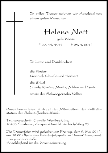 Anzeige von Helene Nett von General-Anzeiger Bonn
