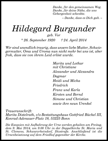 Anzeige von Hildegard Burgunder von General-Anzeiger Bonn