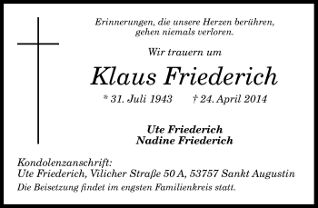 Anzeige von Klaus Friederich von General-Anzeiger Bonn