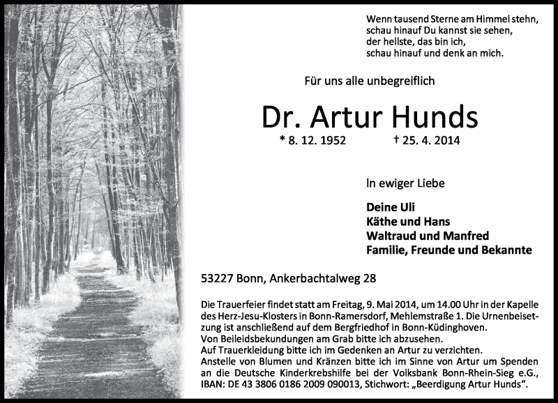  Traueranzeige für Artur Hunds vom 03.05.2014 aus General-Anzeiger Bonn