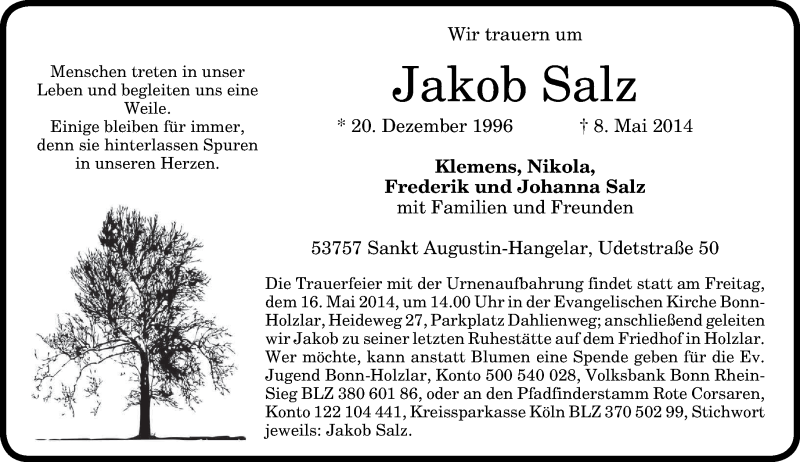  Traueranzeige für Jakob Salz vom 14.05.2014 aus General-Anzeiger Bonn