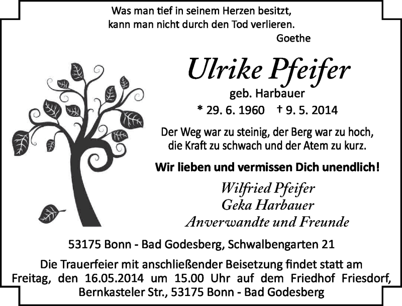  Traueranzeige für Ulrike Pfeifer vom 14.05.2014 aus General-Anzeiger Bonn