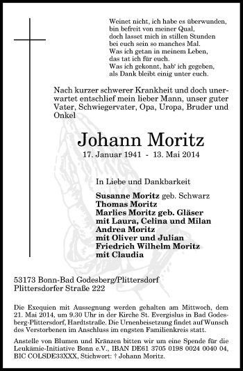 Anzeige von Johann Moritz von General-Anzeiger Bonn