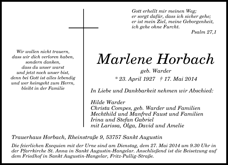  Traueranzeige für Marlene Horbach vom 21.05.2014 aus General-Anzeiger Bonn