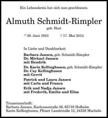 Anzeige von Almuth Schmidt-Rimpler von General-Anzeiger Bonn