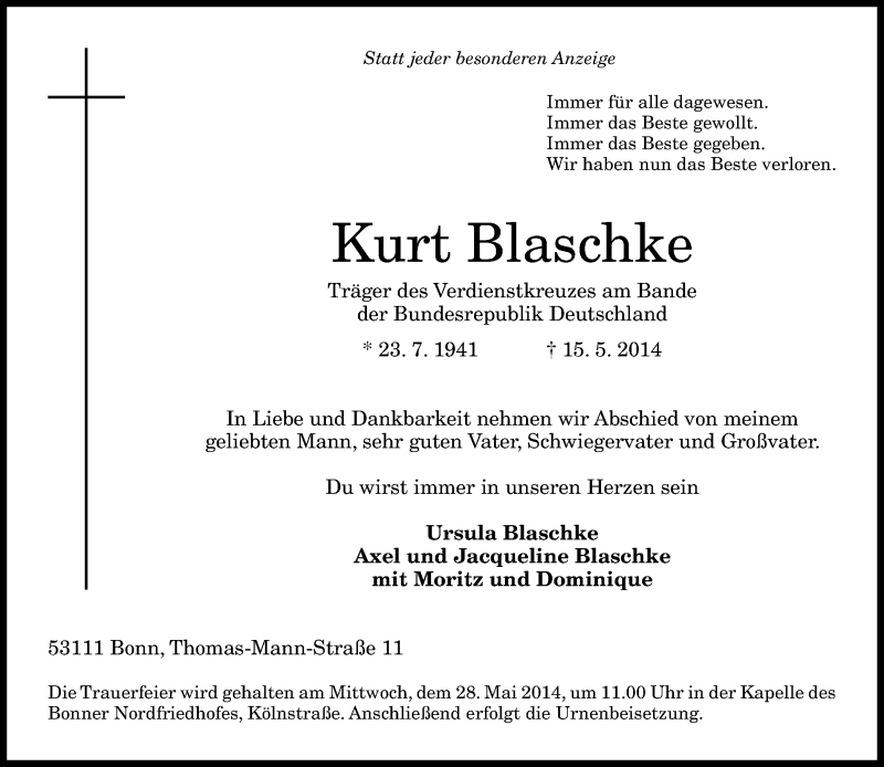  Traueranzeige für Kurt Blaschke vom 24.05.2014 aus General-Anzeiger Bonn