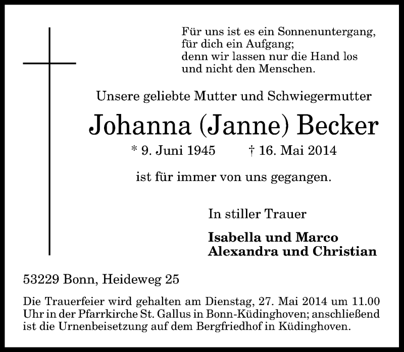  Traueranzeige für Johanna Becker vom 24.05.2014 aus General-Anzeiger Bonn