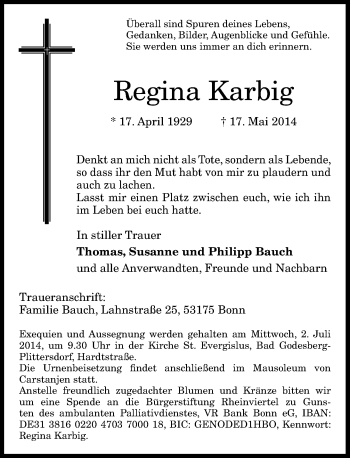 Anzeige von Regina Karbig von General-Anzeiger Bonn