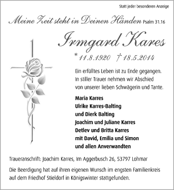 Anzeige von Irmgard Kares von General-Anzeiger Bonn