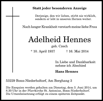 Anzeige von Adelheid Hennes von General-Anzeiger Bonn
