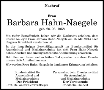 Anzeige von Barbara Hahn-Naegele von General-Anzeiger Bonn