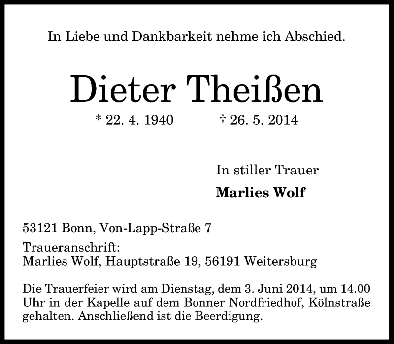  Traueranzeige für Dieter Theißen vom 31.05.2014 aus General-Anzeiger Bonn