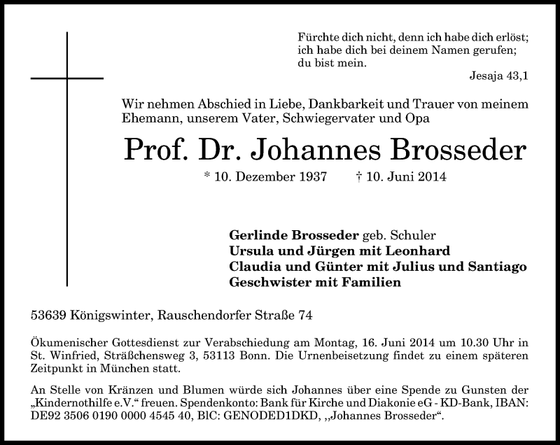  Traueranzeige für Johannes Brosseder vom 13.06.2014 aus General-Anzeiger Bonn