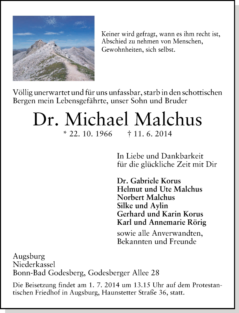  Traueranzeige für Michael Malchus vom 28.06.2014 aus General-Anzeiger Bonn