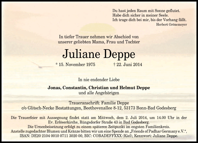  Traueranzeige für Juliane Deppe vom 28.06.2014 aus General-Anzeiger Bonn