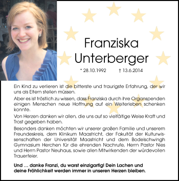 Anzeige von Franziska Unterberger von General-Anzeiger Bonn