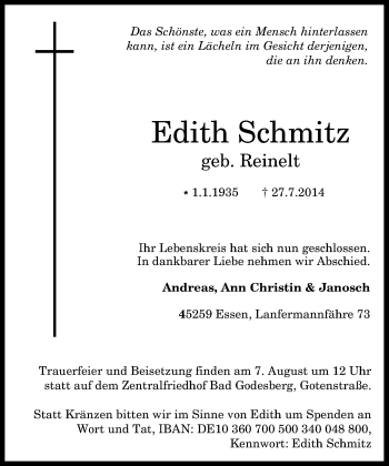 Anzeige von Edith Schmitz von General-Anzeiger Bonn