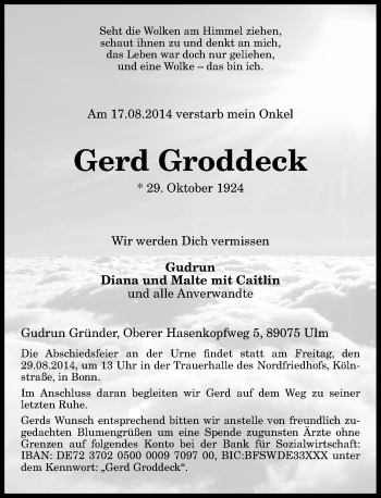 Anzeige von Gerd Groddeck von General-Anzeiger Bonn