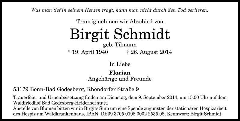  Traueranzeige für Birgit Schmidt vom 30.08.2014 aus General-Anzeiger Bonn