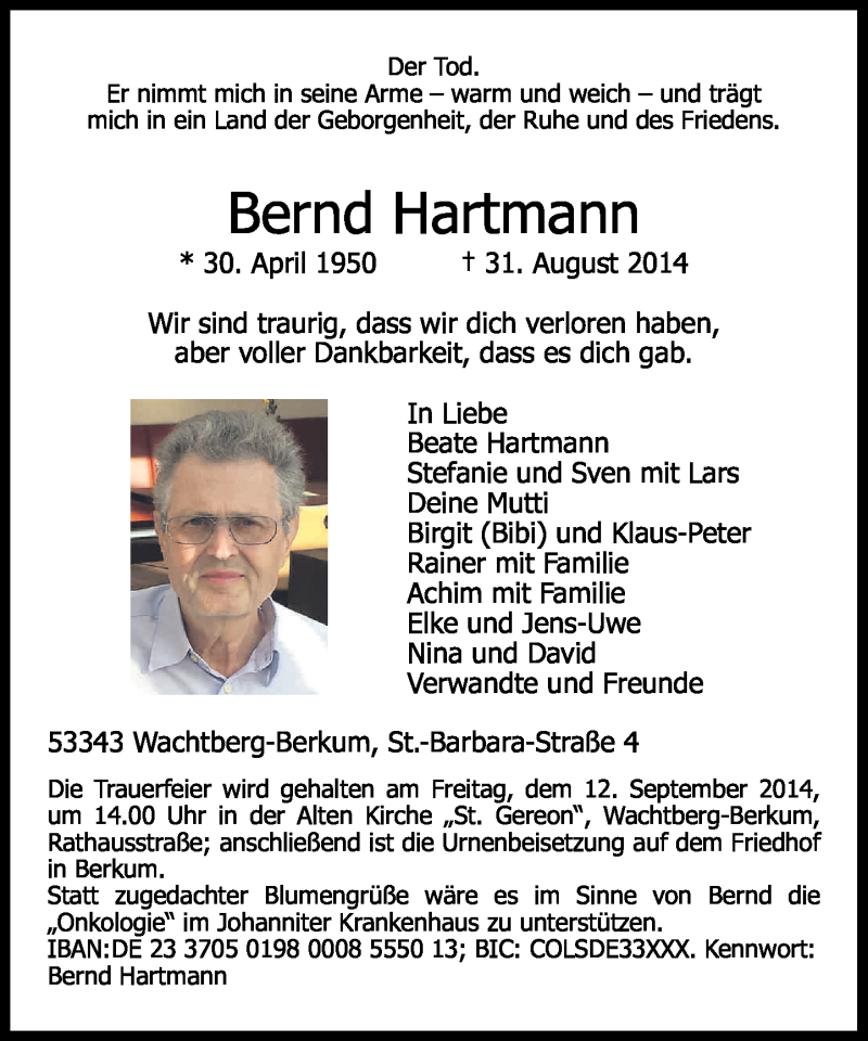  Traueranzeige für Bernd Hartmann vom 06.09.2014 aus General-Anzeiger Bonn