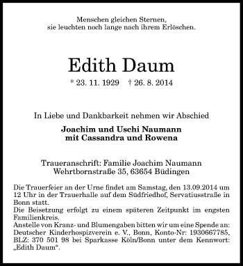 Anzeige von Edith Daum von General-Anzeiger Bonn