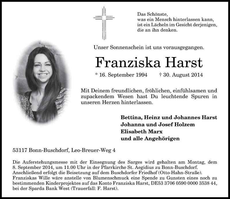  Traueranzeige für Franziska Harst vom 06.09.2014 aus General-Anzeiger Bonn