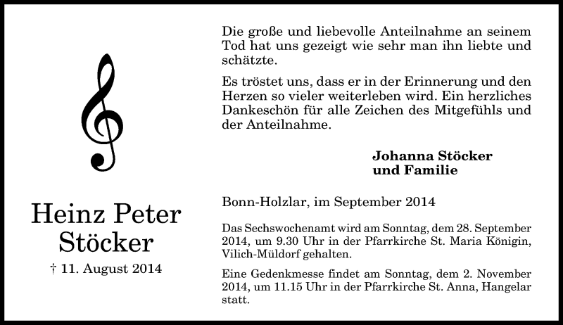  Traueranzeige für Heinz Peter Stöcker vom 20.09.2014 aus General-Anzeiger Bonn