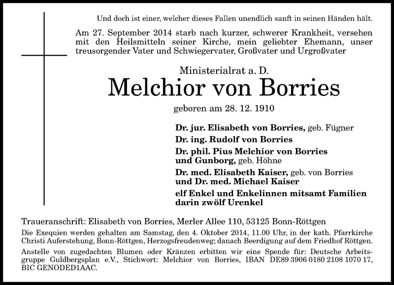  Traueranzeige für Melchior von Borries vom 01.10.2014 aus General-Anzeiger Bonn